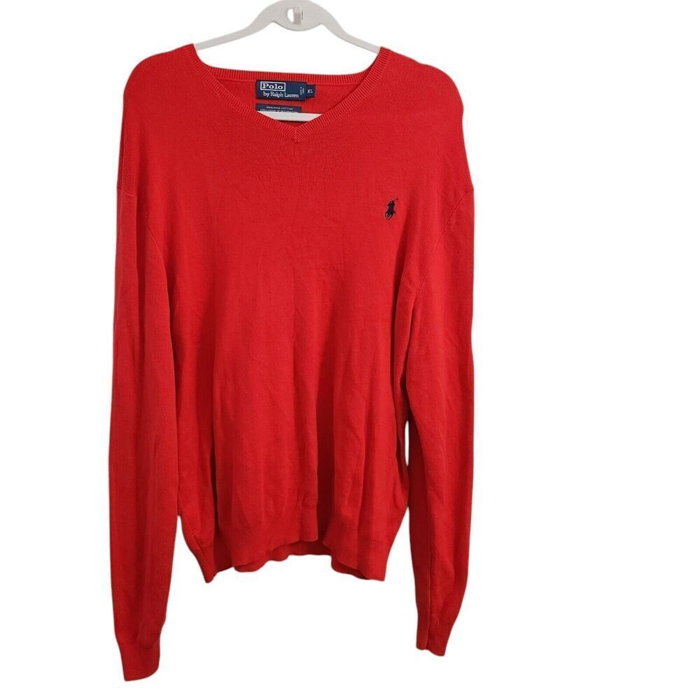 Polo Ralph Lauren Sweater Mens XL Red Knit Pima Cotton V-Neck‎ Pullover Casual